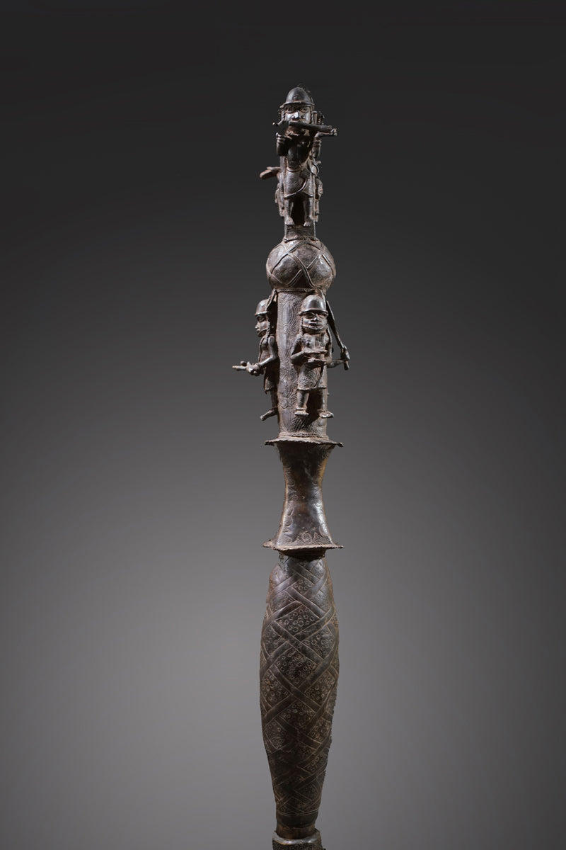 A Benin bronze rattle-staff