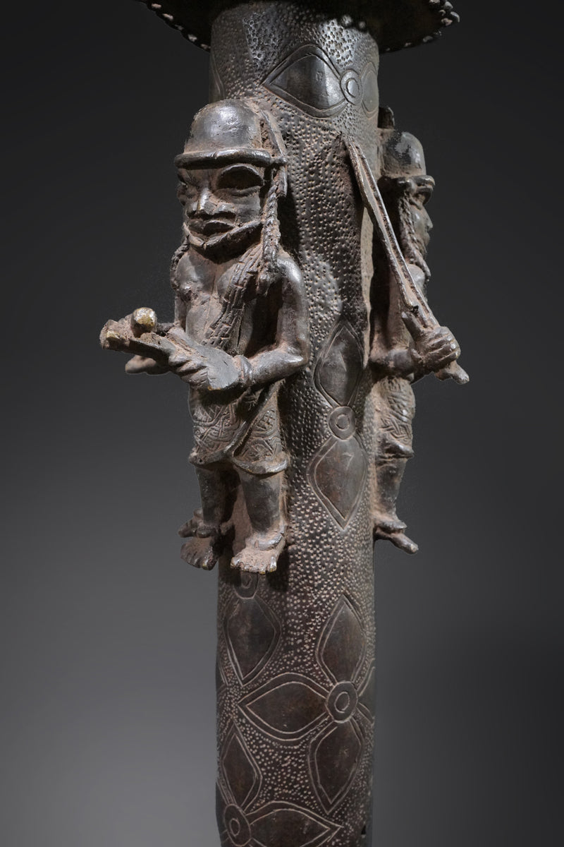 A Benin bronze rattle-staff