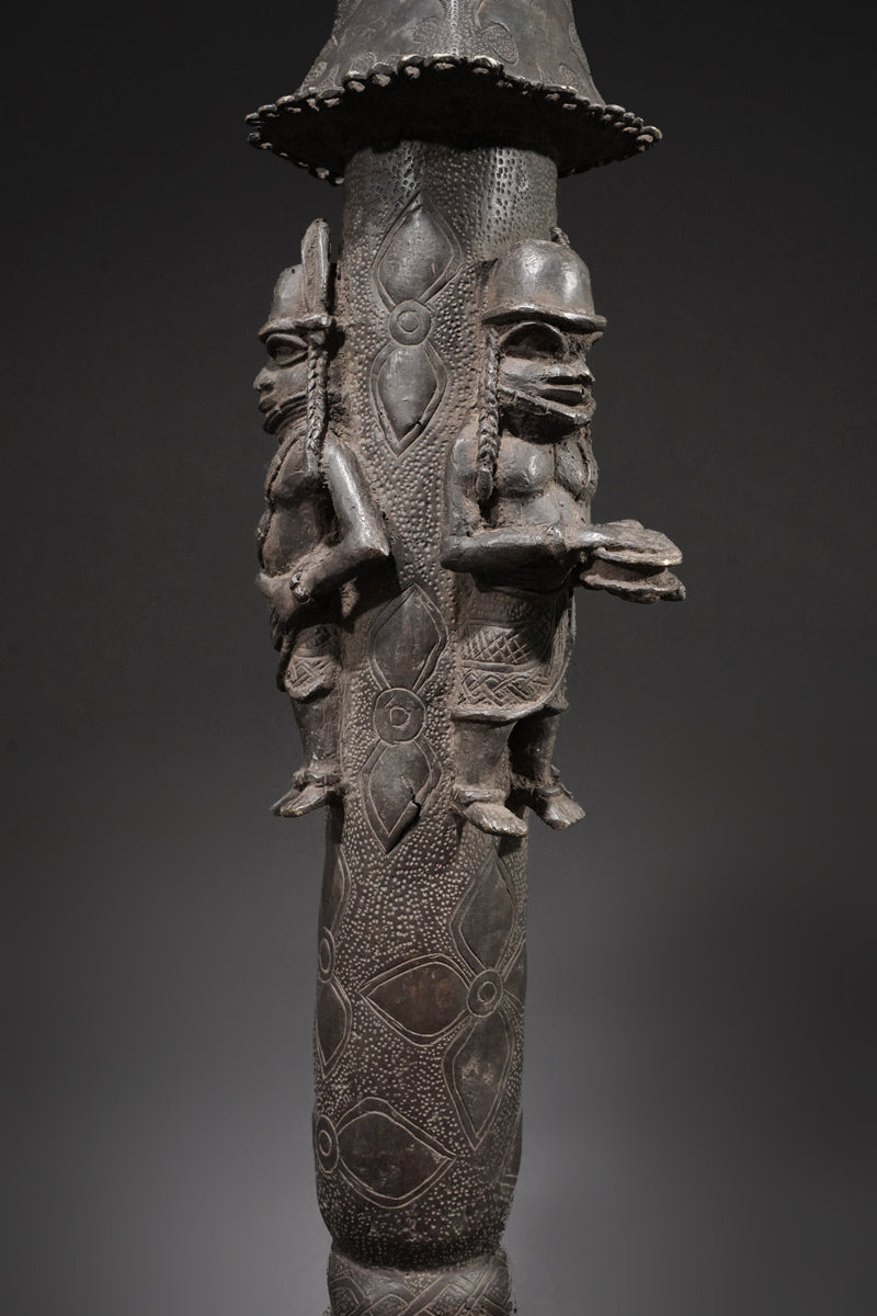A Benin bronze rattle-staff