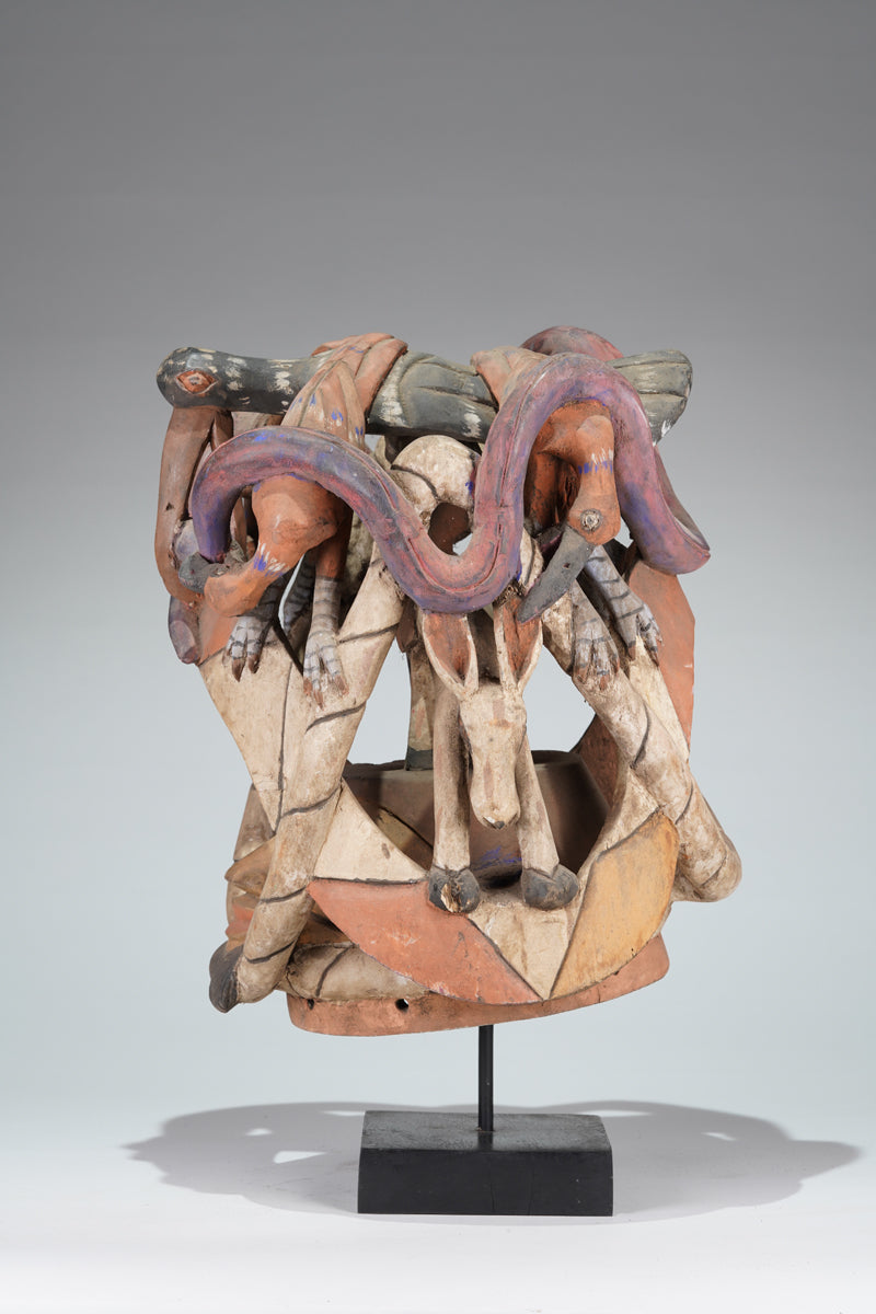 A colourful Gelede helmet mask