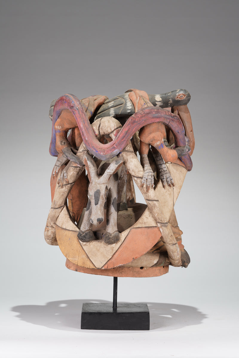 A colourful Gelede helmet mask