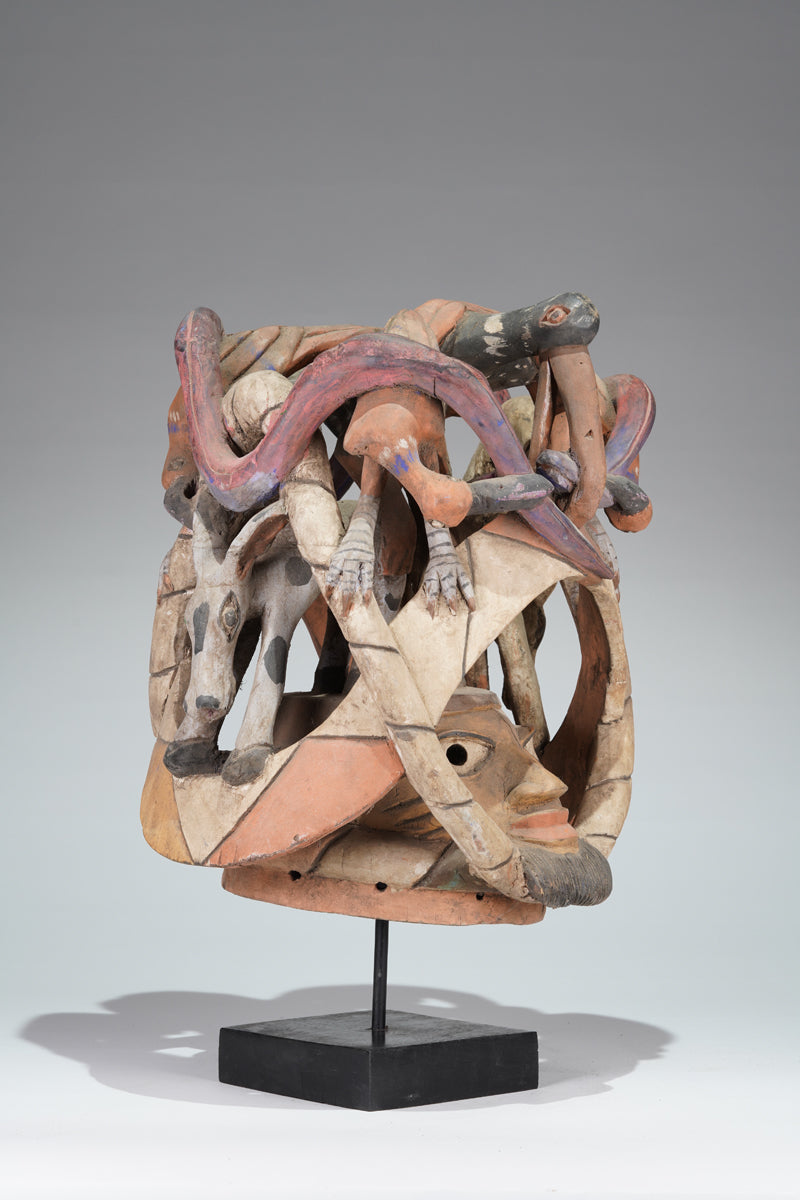 A colourful Gelede helmet mask