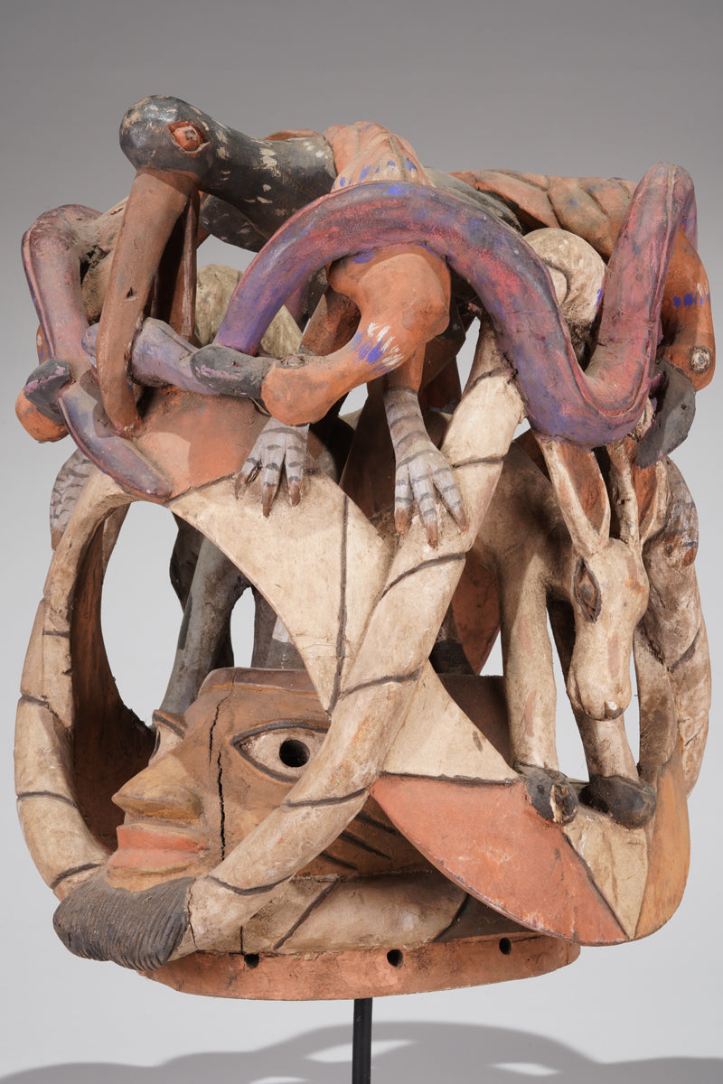 A colourful Gelede helmet mask