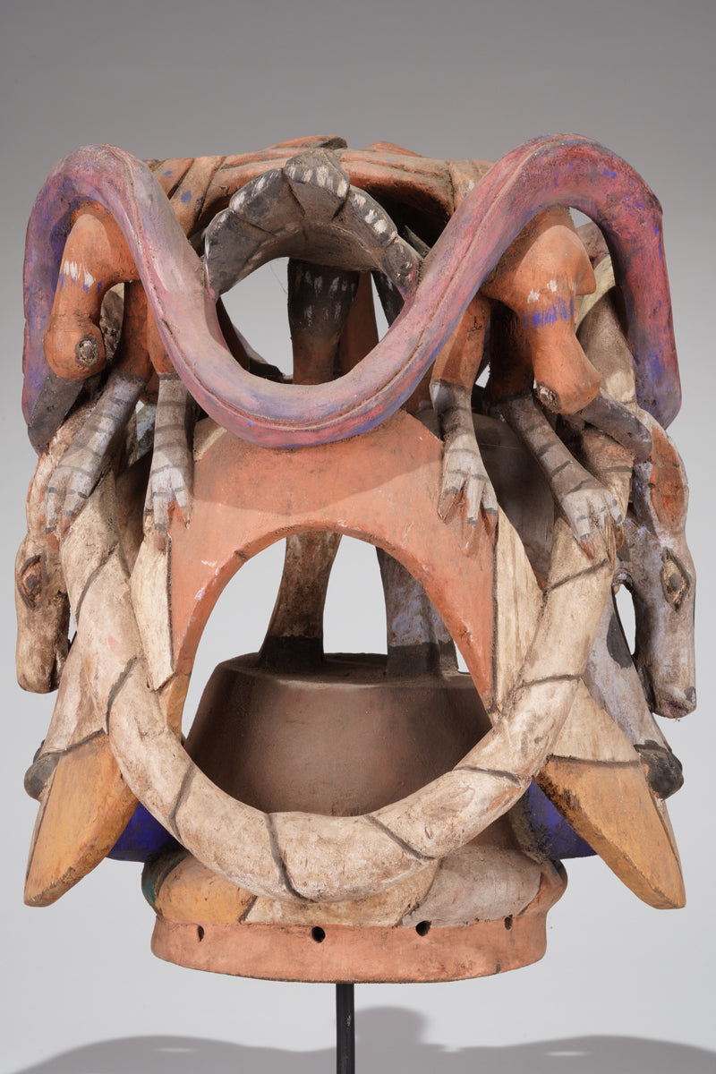 A colourful Gelede helmet mask