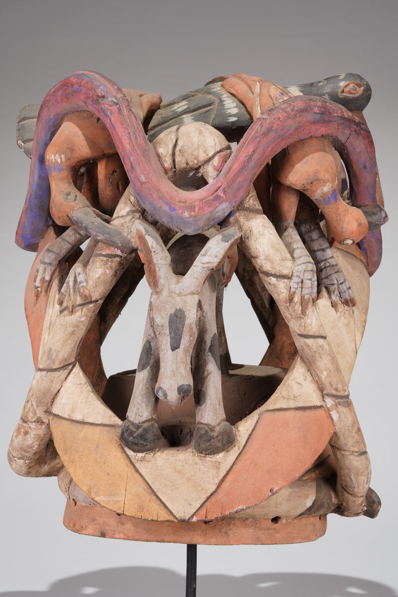 A colourful Gelede helmet mask
