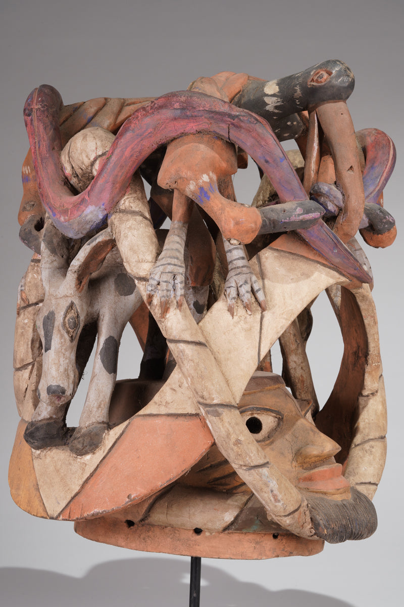 A colourful Gelede helmet mask