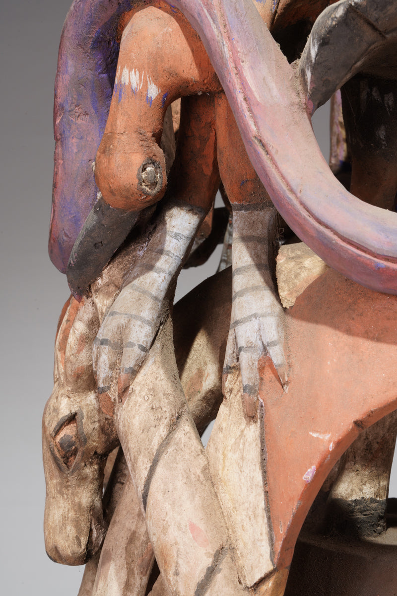 A colourful Gelede helmet mask