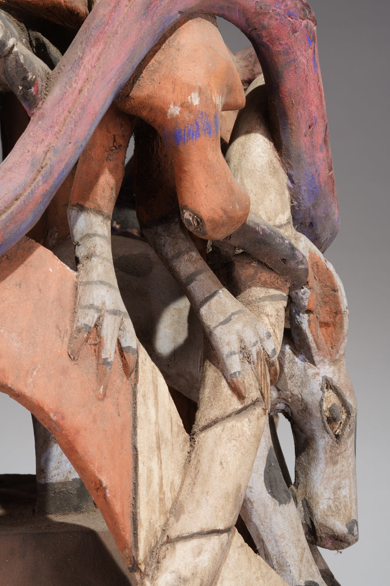 A colourful Gelede helmet mask