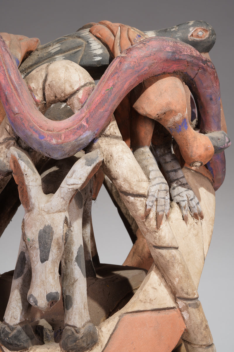 A colourful Gelede helmet mask