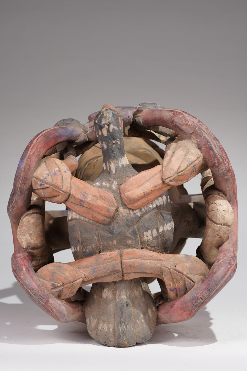 A colourful Gelede helmet mask