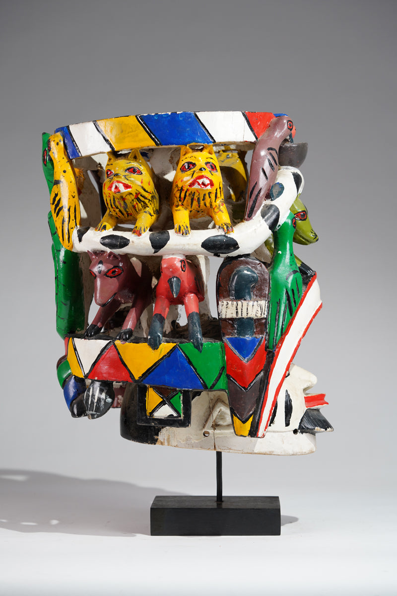A colourful Yoruba Gelede helmet mask
