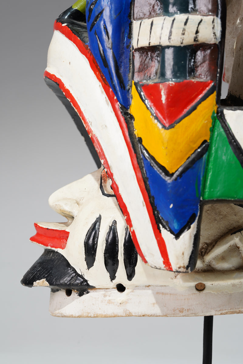 A colourful Yoruba Gelede helmet mask