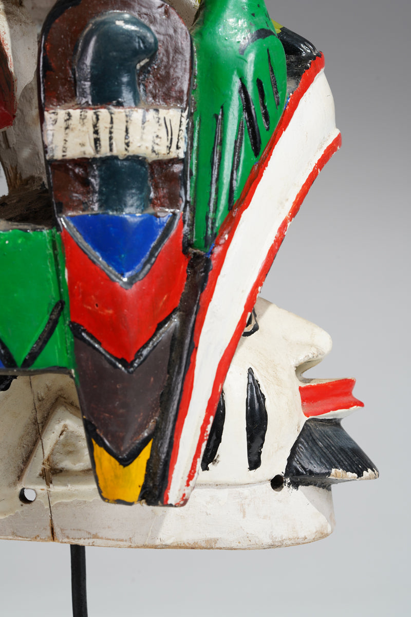 A colourful Yoruba Gelede helmet mask