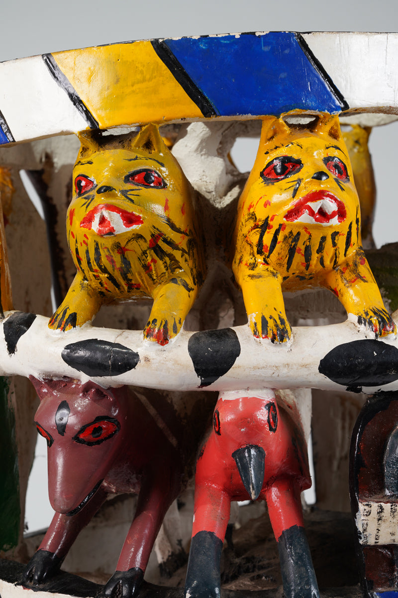 A colourful Yoruba Gelede helmet mask