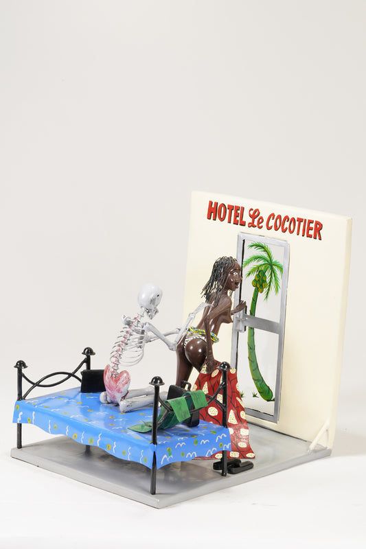 A scene of a brothel, with the guest seated on the bed represented as a skeleton