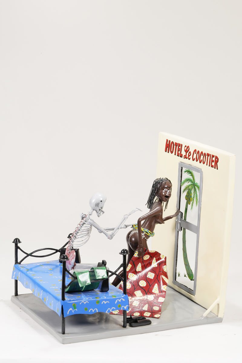 A scene of a brothel, with the guest seated on the bed represented as a skeleton