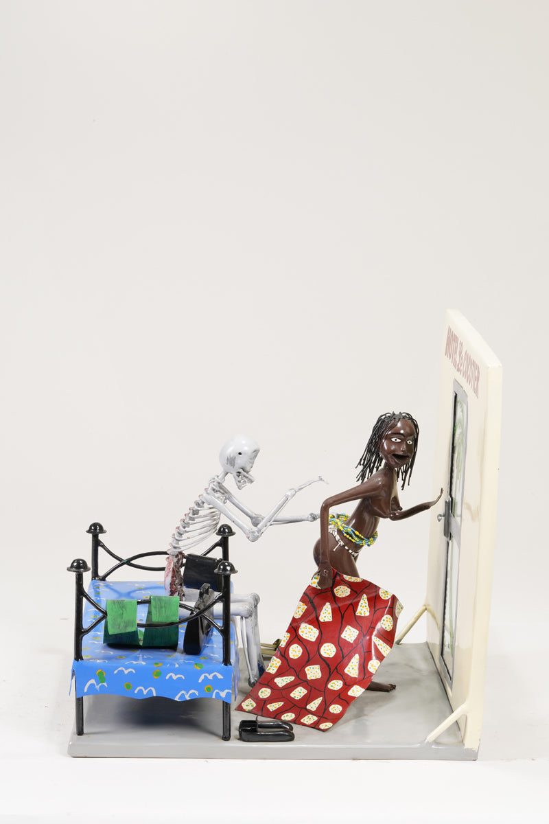 A scene of a brothel, with the guest seated on the bed represented as a skeleton