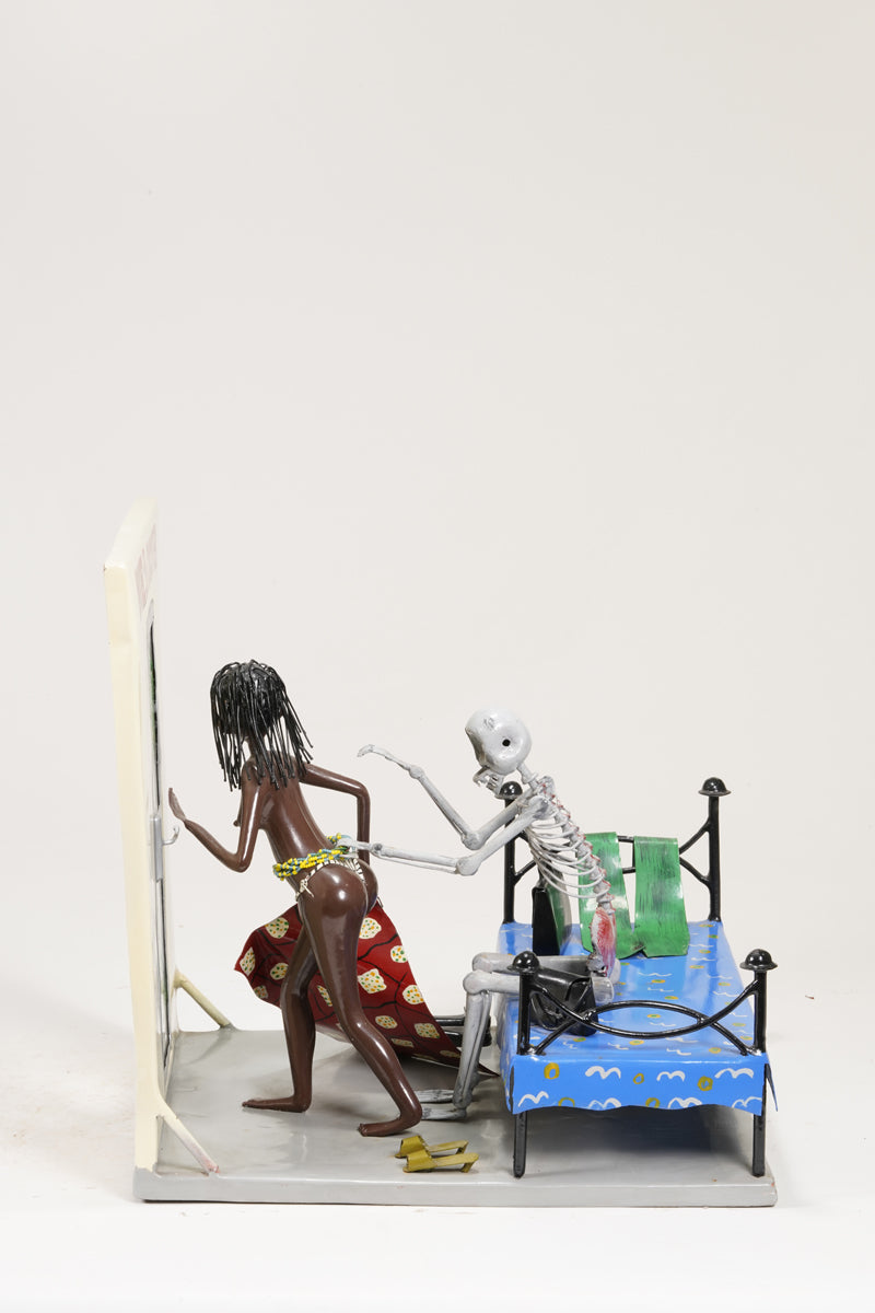 A scene of a brothel, with the guest seated on the bed represented as a skeleton