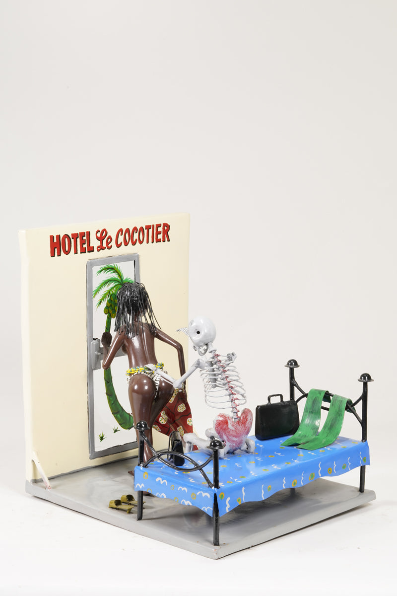 A scene of a brothel, with the guest seated on the bed represented as a skeleton