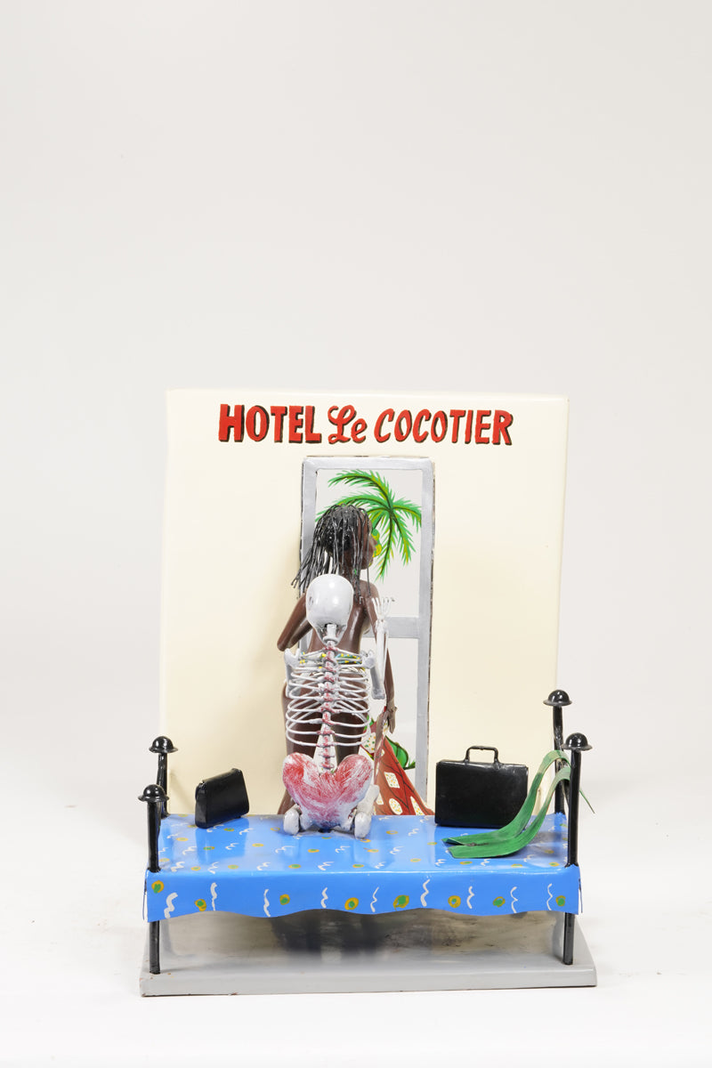 A scene of a brothel, with the guest seated on the bed represented as a skeleton