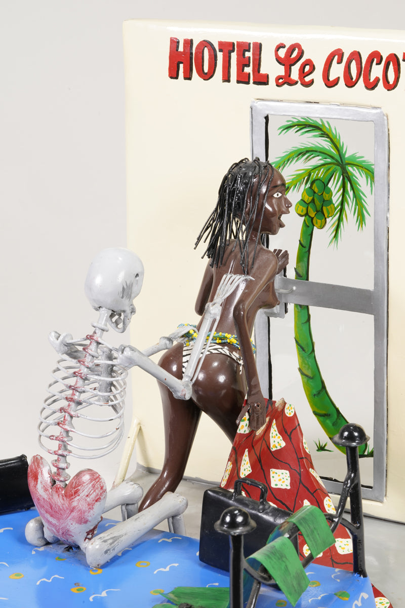 A scene of a brothel, with the guest seated on the bed represented as a skeleton