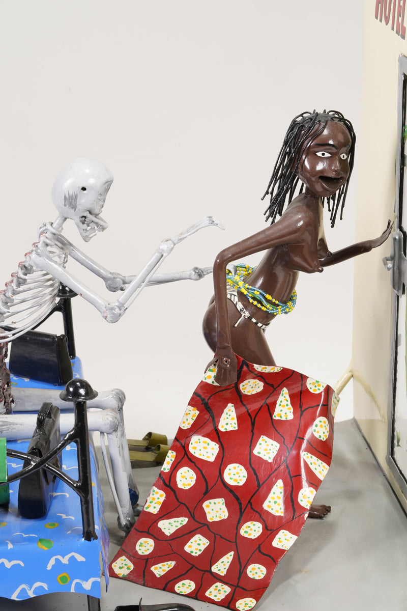 A scene of a brothel, with the guest seated on the bed represented as a skeleton