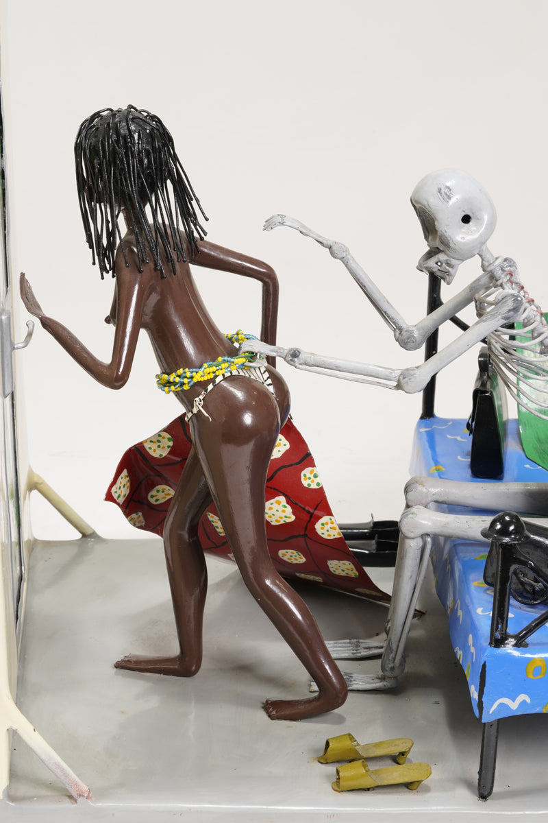 A scene of a brothel, with the guest seated on the bed represented as a skeleton