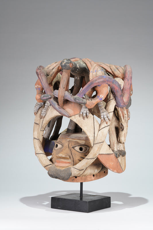 A colourful Gelede helmet mask